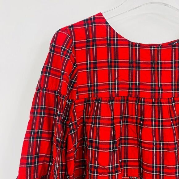 Madewell Size Small Red & Black Plaid Tiered Button Back Swing Top - Picture 6 of 11